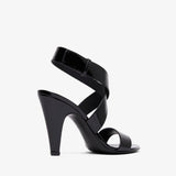 Black high-heeled sandal on a white background