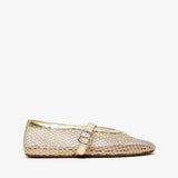 Woven flat shoe with a strap on a white background