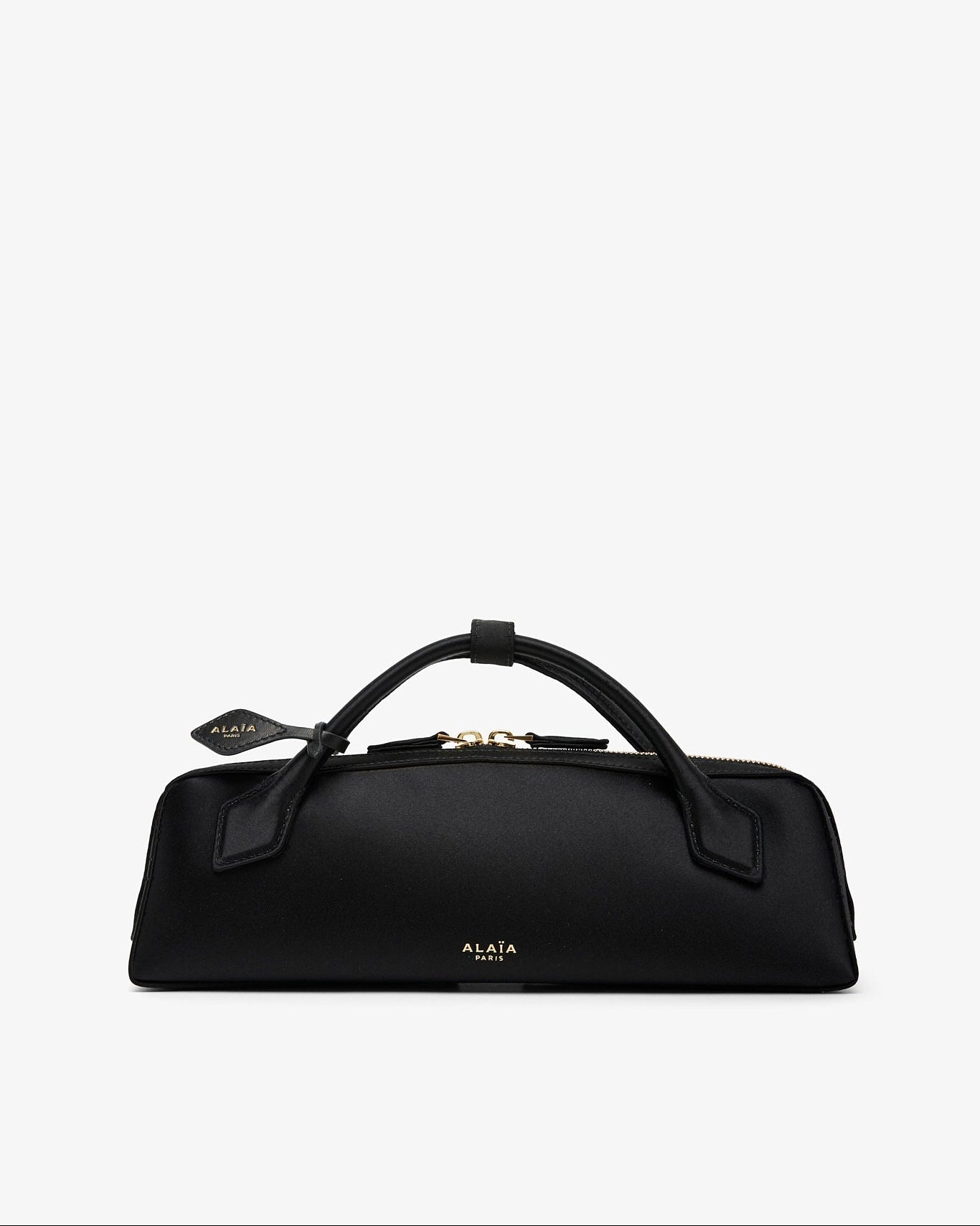 Black handbag with gold accents on a white background
