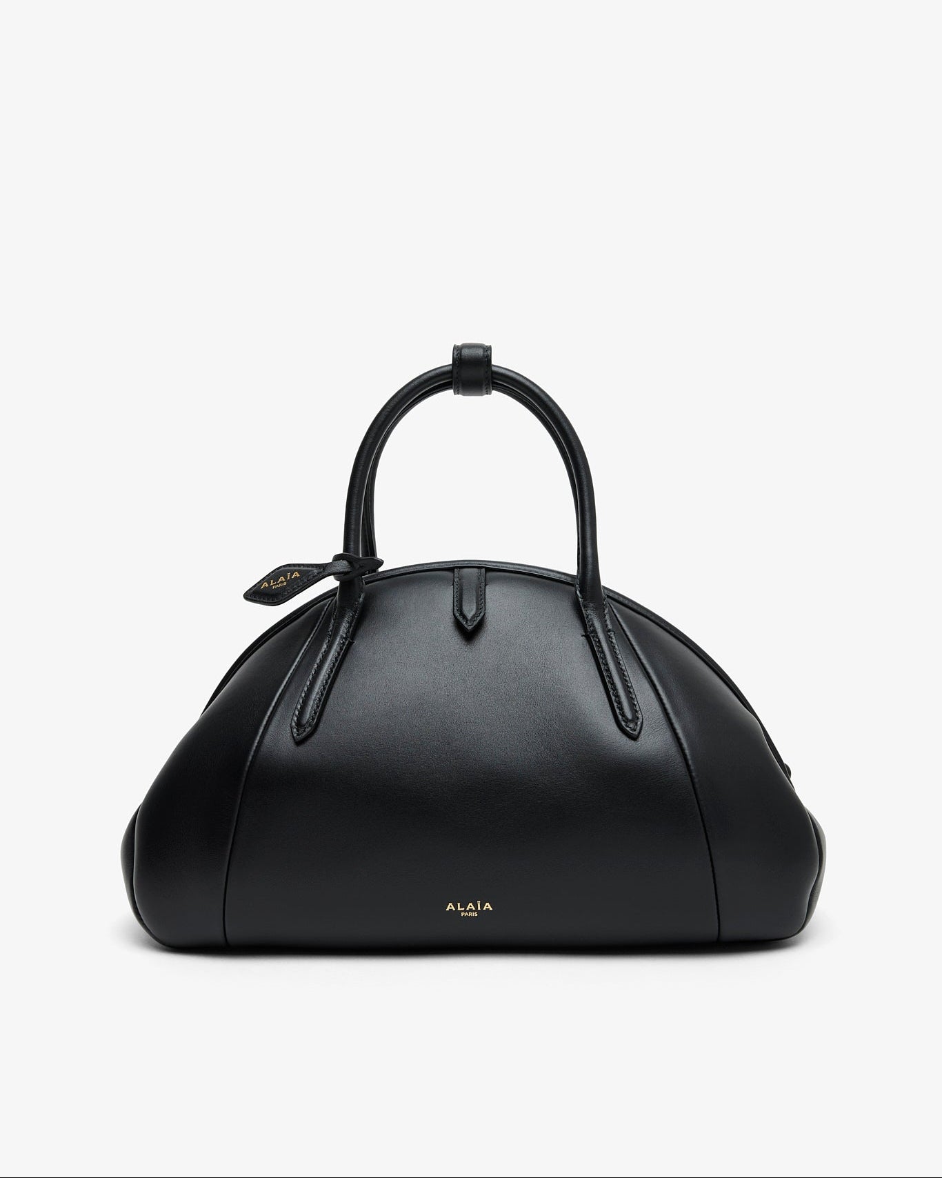 Black leather handbag on a white background
