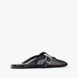 Patent black mesh mule flats