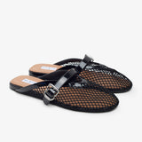 Patent black mesh mule flats