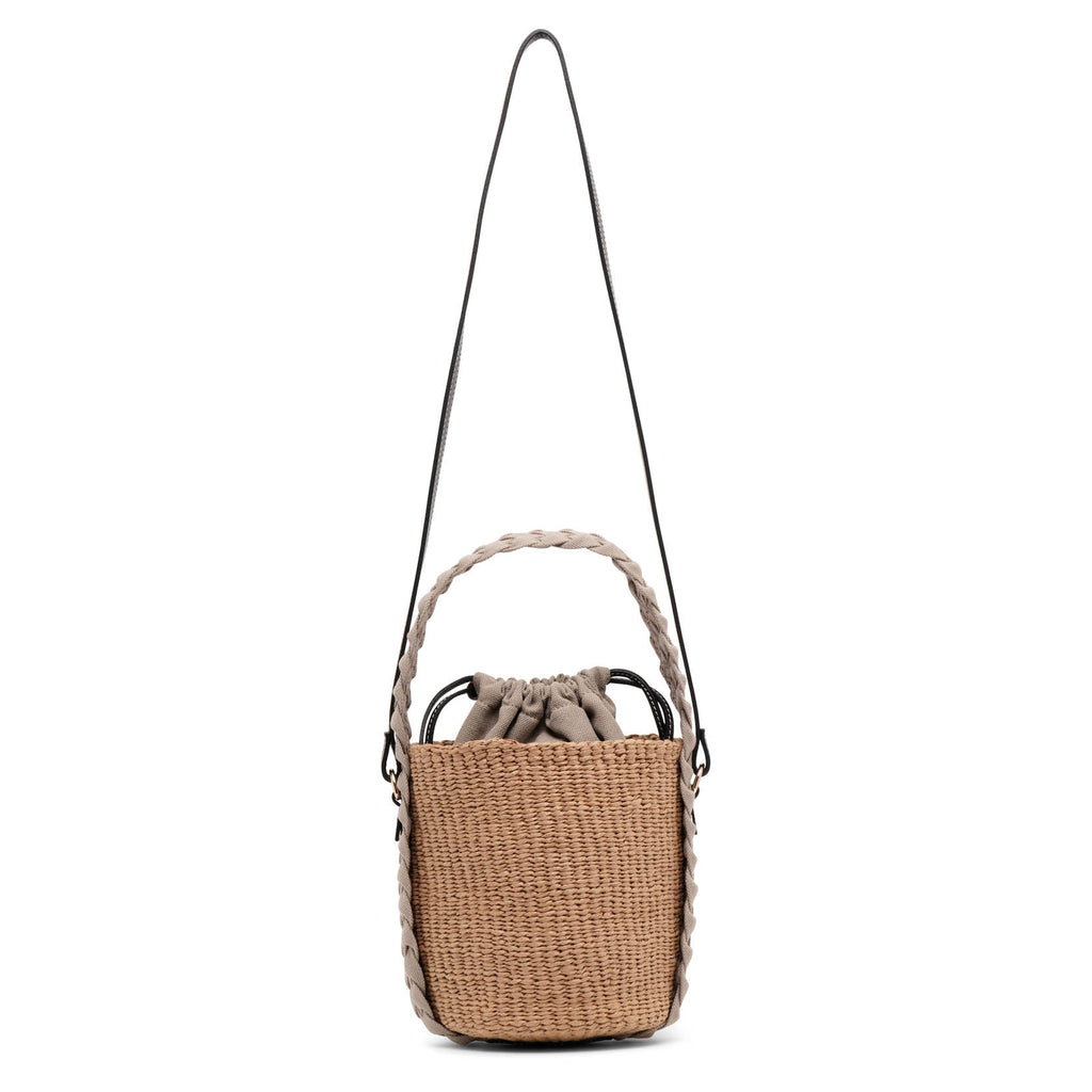 woody drawstring raffia bucket bag