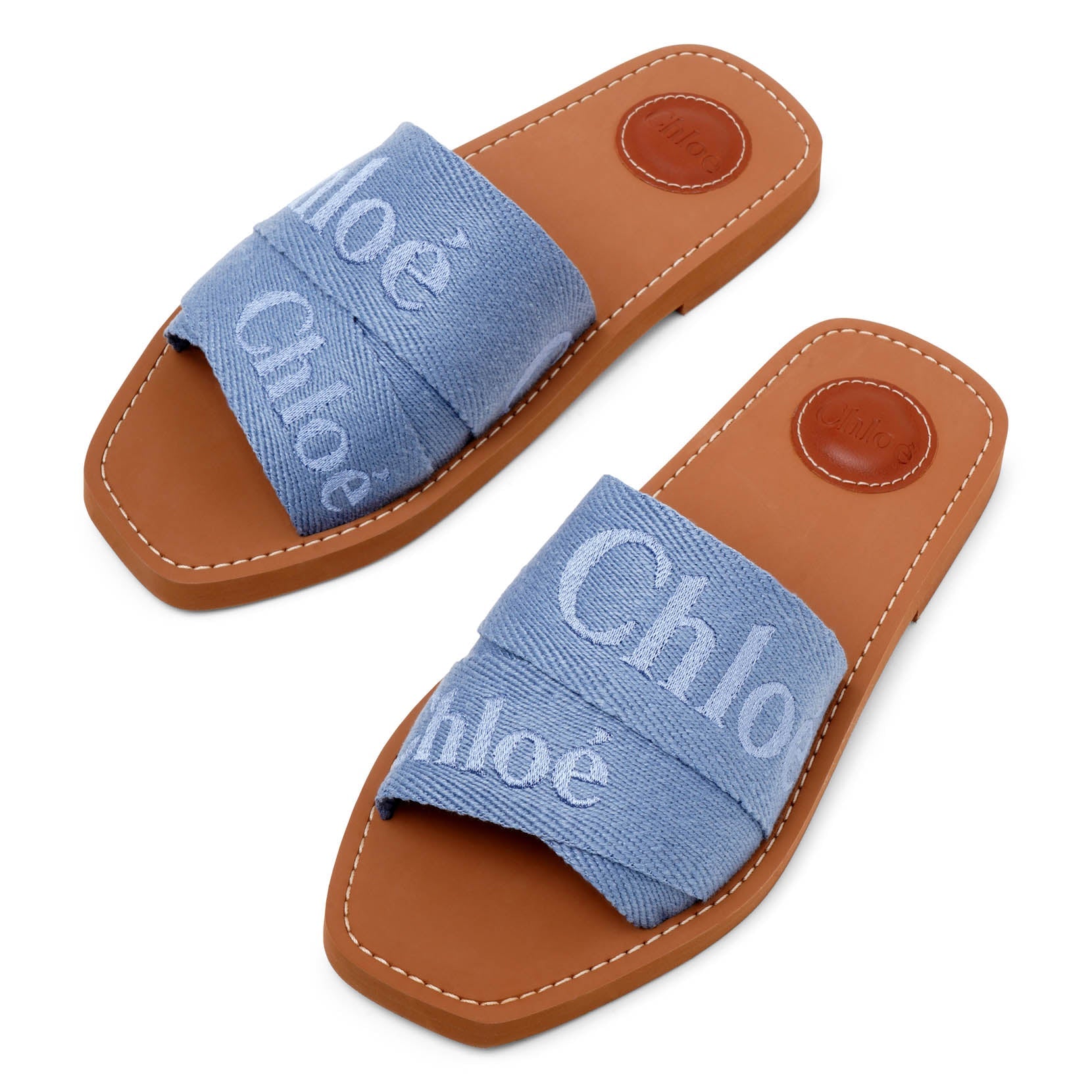 Shop Chloé Woody Light Blue Linen Slide Sandals