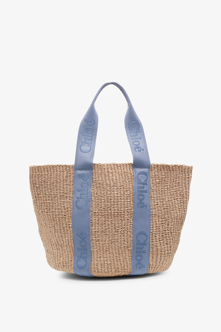 Woody light blue raffia tote bag