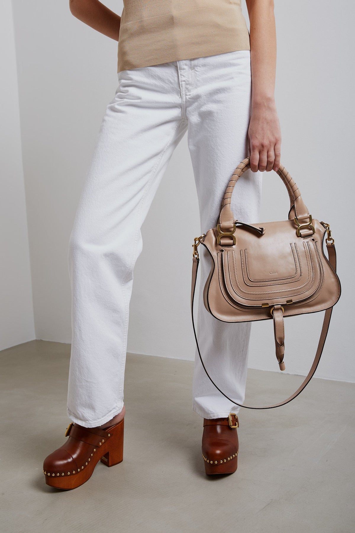 Shop Chloé Marcie Deep Beige Leather Tote Bag