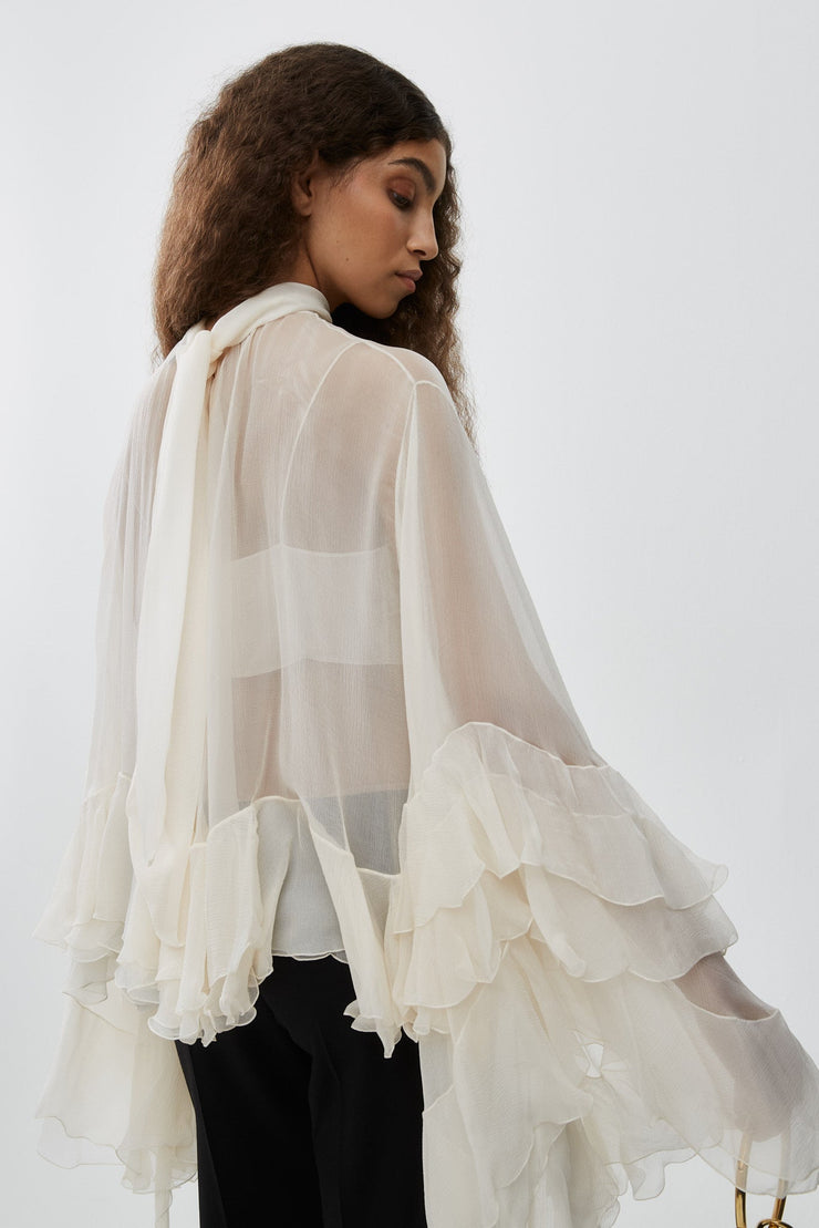 High-low white ruffle top in silk mousseline