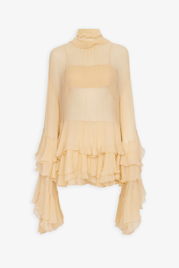 Ruffled mini dress in silk mousseline