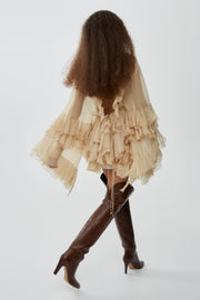 Ruffled mini dress in silk mousseline