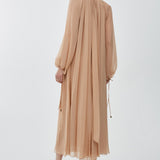 Mock-neck gathered long dress in silk georgette