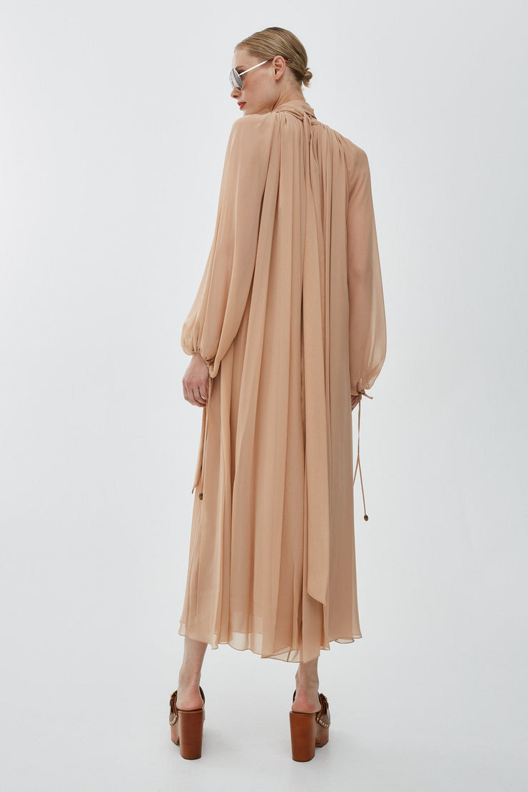 Mock-neck gathered long dress in silk georgette