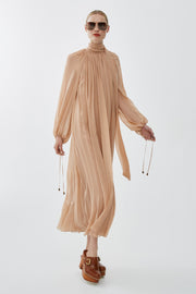 Mock-neck gathered long dress in silk georgette