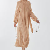 Mock-neck gathered long dress in silk georgette