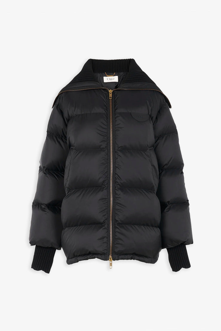 High-neck shiny nylon puffer jacket