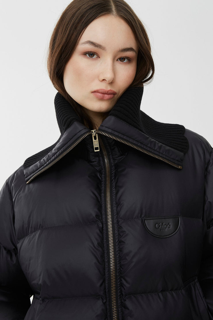 High-neck shiny nylon puffer jacket