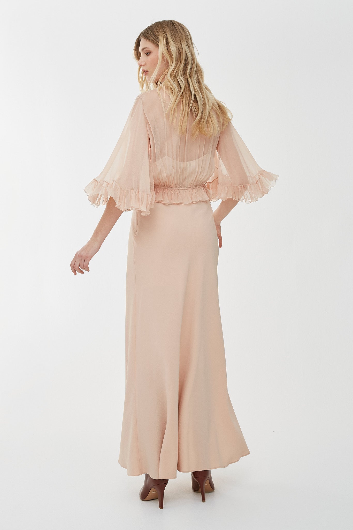 V-neck crepe satin long dress