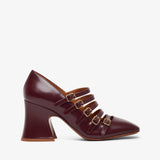 Burgundy shoe with gold buckles on a white background