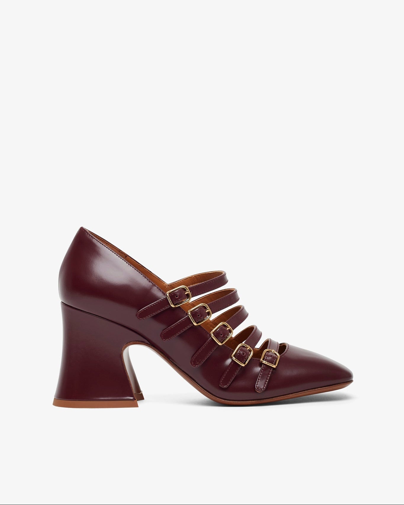Burgundy shoe with gold buckles on a white background