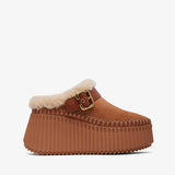 Brown platform clog shoe with fur trim and gold buckle on a white background