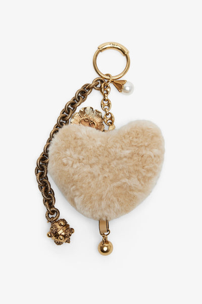 Beige shearling heart bag charm