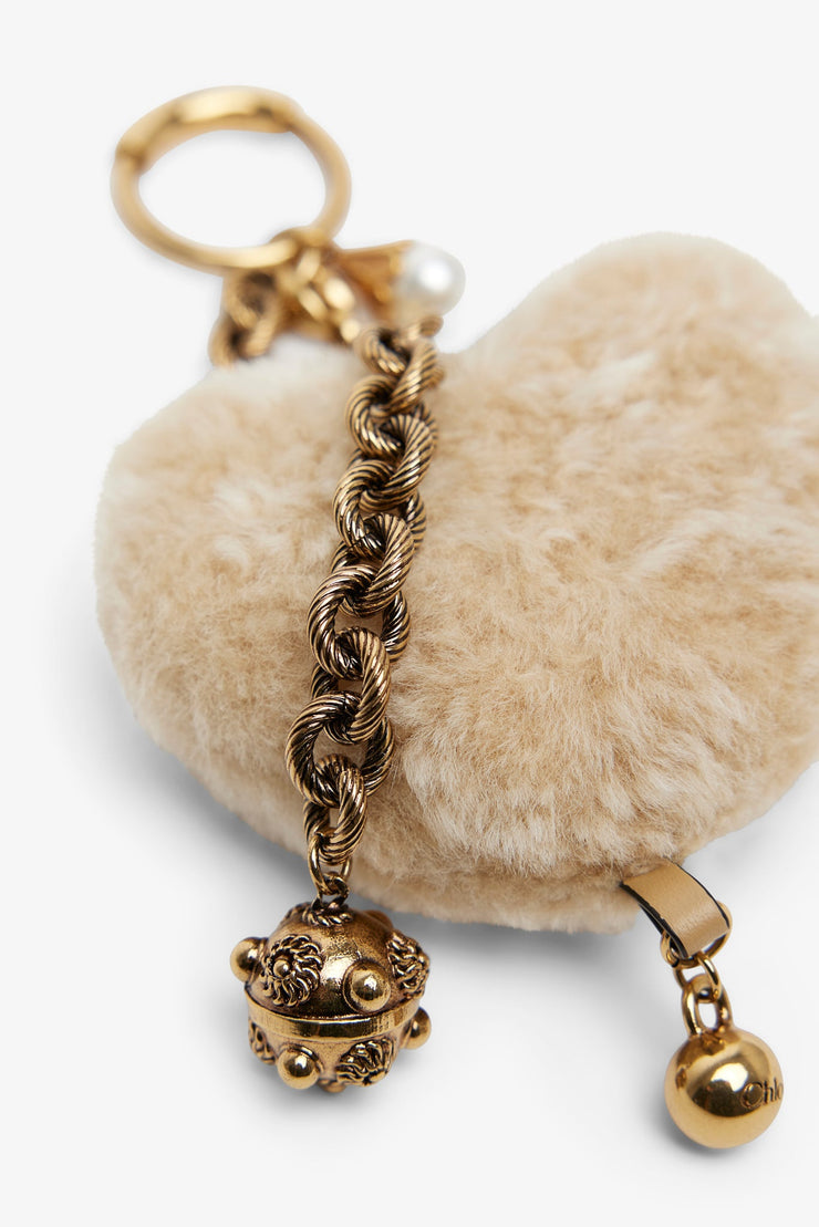 Beige shearling heart bag charm