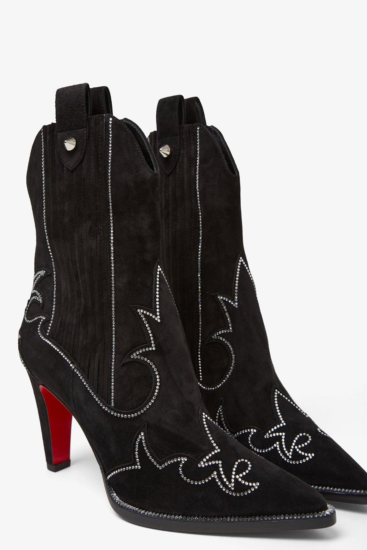 CHRISTIAN LOUBOUTIN SANTIGAG 85 STRASS BLACK SUEDE BOOTS 