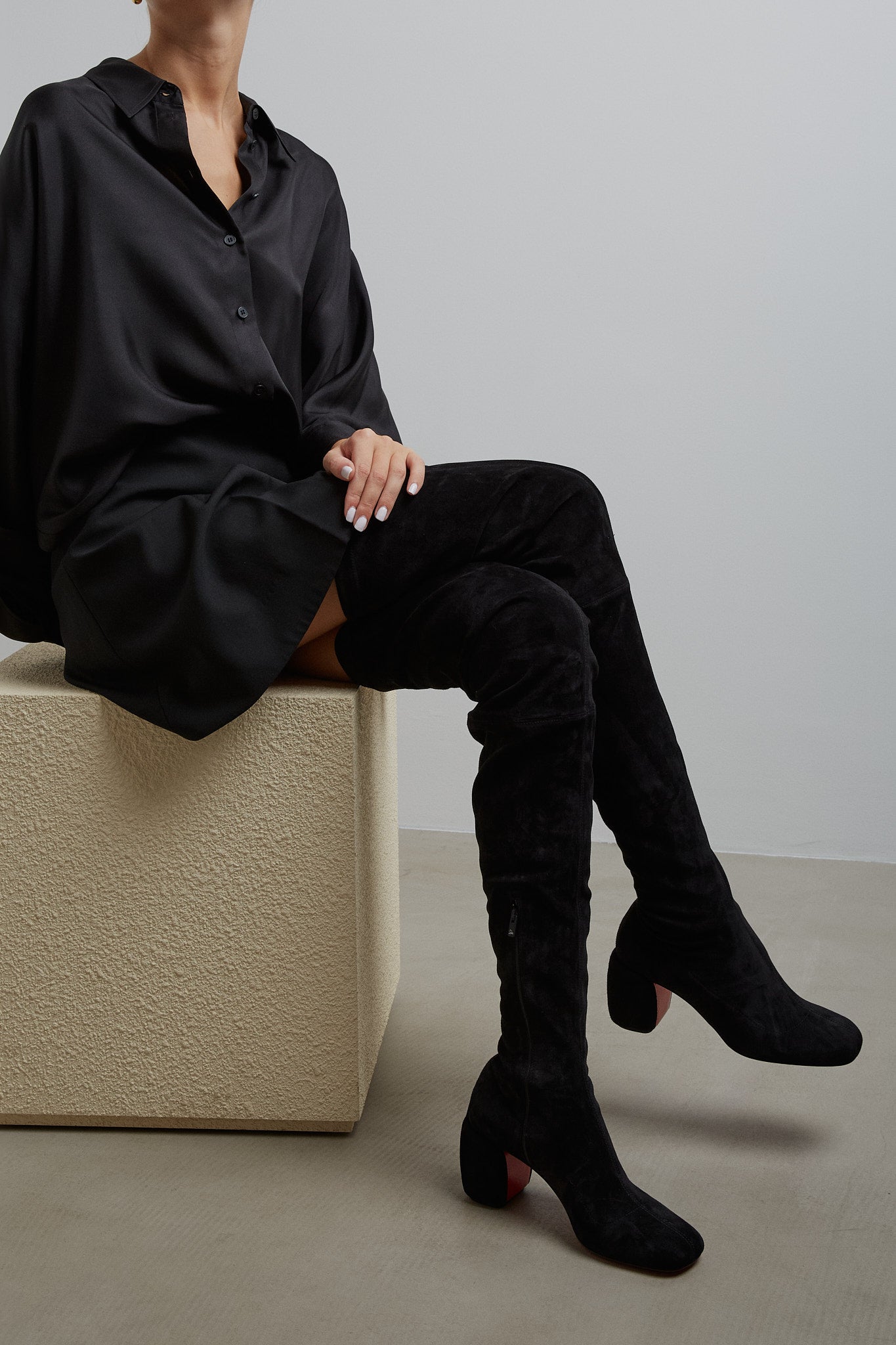 Christian Louboutin | Minny 70 black suede over knee boots | Savannahs