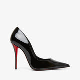 Black high-heeled shoe with red sole on a white background