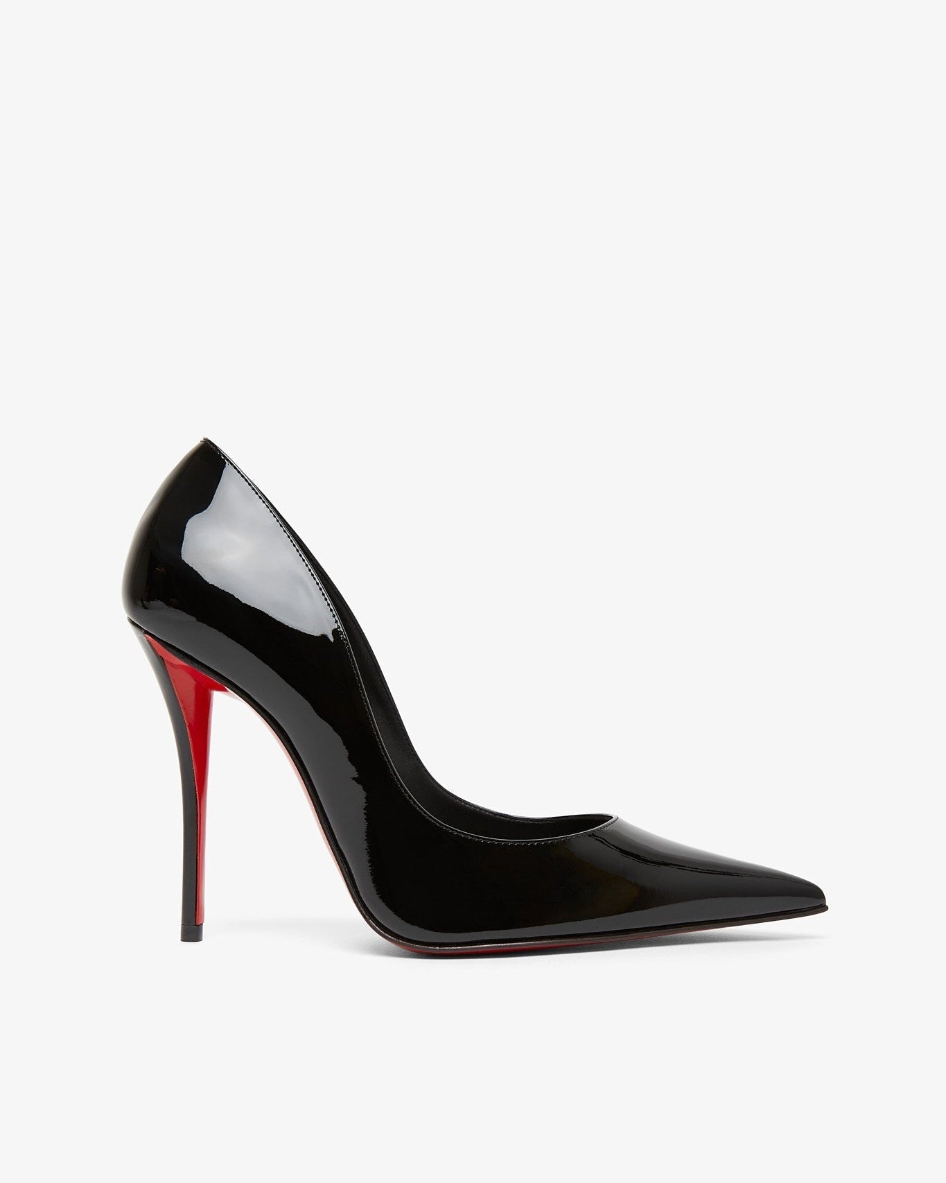 Black high-heeled shoe with red sole on a white background