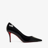 Black high-heeled shoe with red sole on a white background