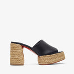 Black sandal with jute sole on a white background