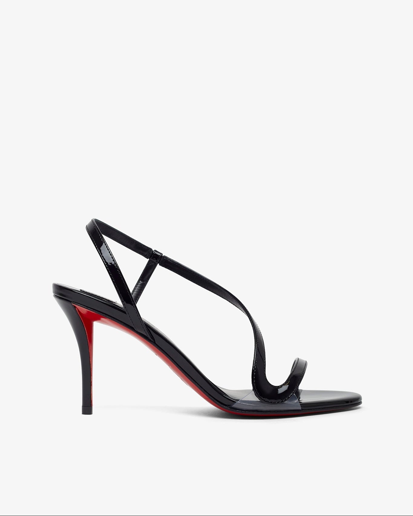 Black high-heeled sandal with red sole on a white background