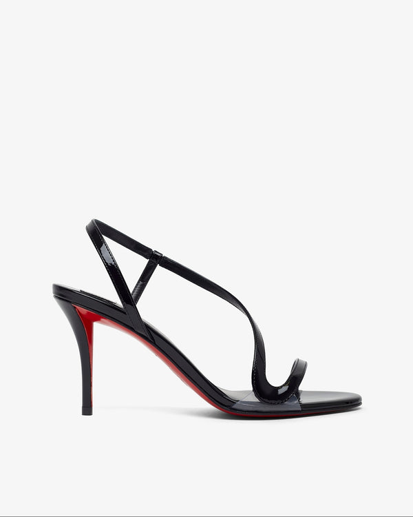 Black high-heeled sandal with red sole on a white background
