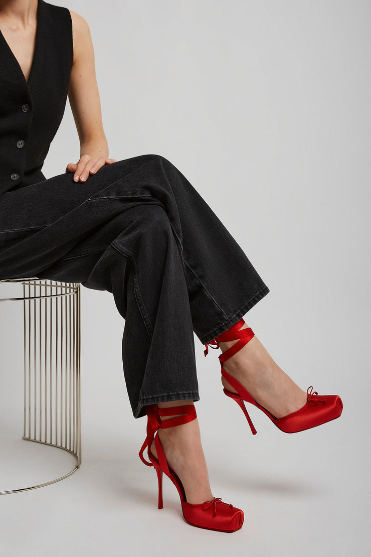 Cassia lace up 100 red satin pumps