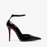 Black high-heeled shoe with a red sole on a white background