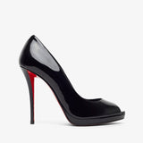 Black high-heeled shoe with a red sole on a white background