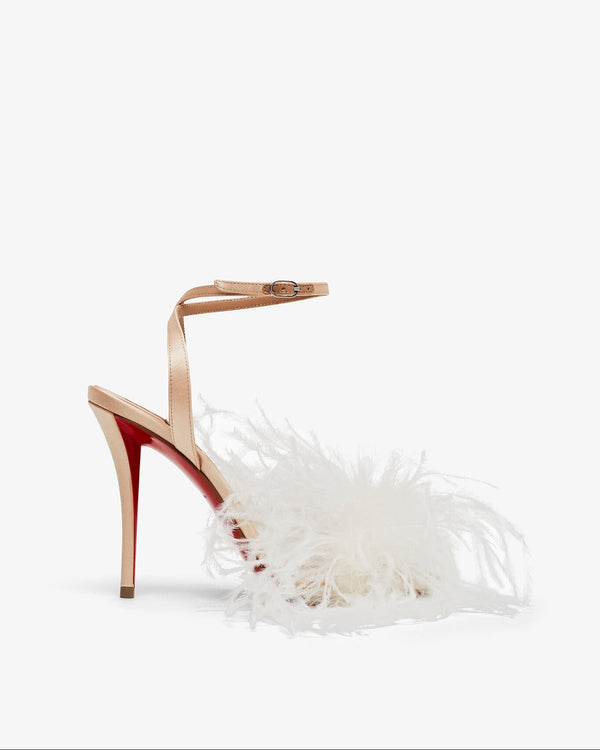 High-heeled shoe with a decorative strap and white feather details on a light gray background