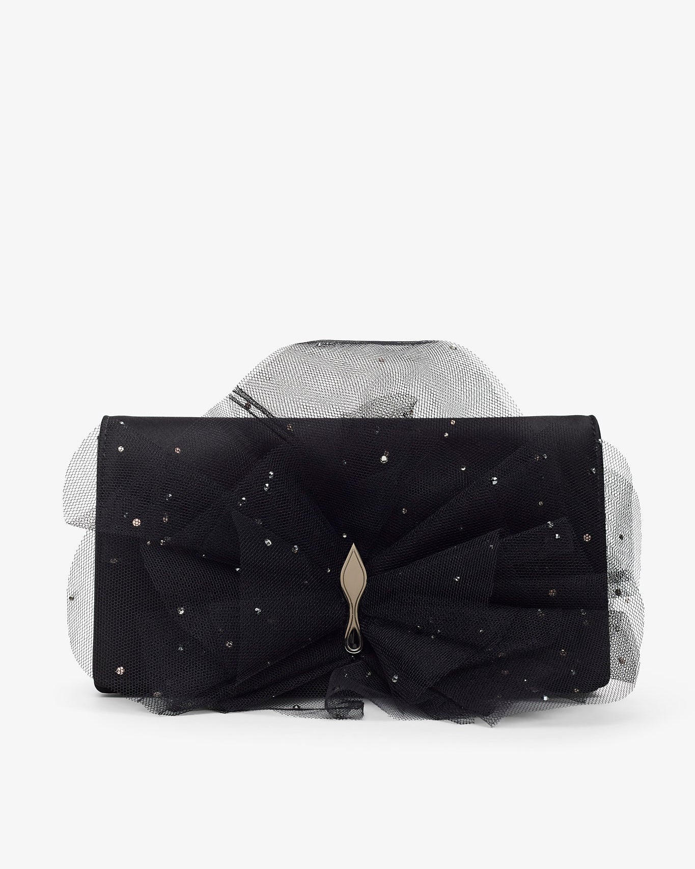 Black clutch with a large bow and star-like embellishments on a white background