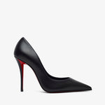 Black high-heeled shoe with red sole on a white background