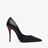 Black high-heeled shoe with red sole on a white background
