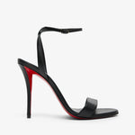 Black high-heeled sandal with red interior on a white background