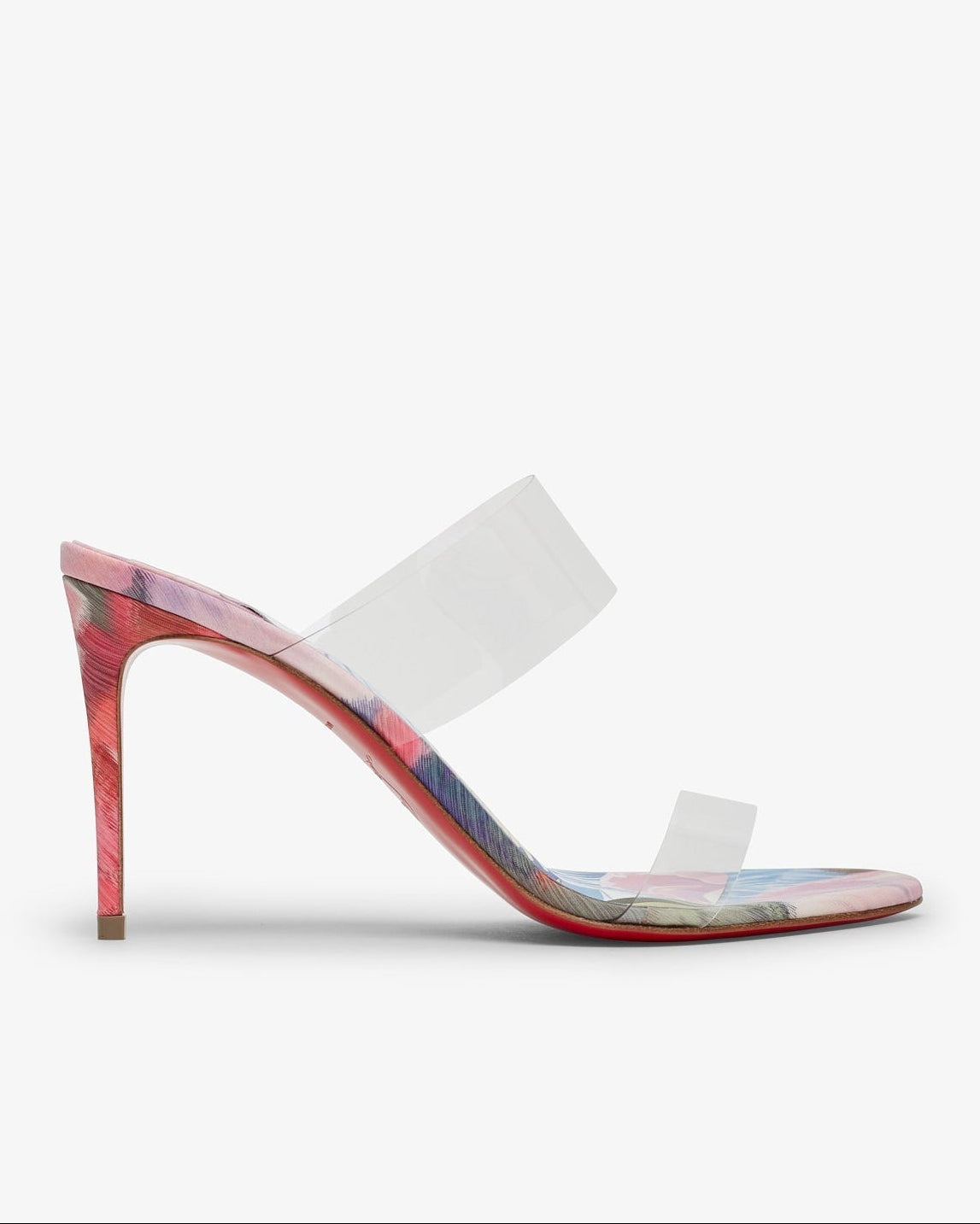 High-heeled shoe with a transparent strap on a white background