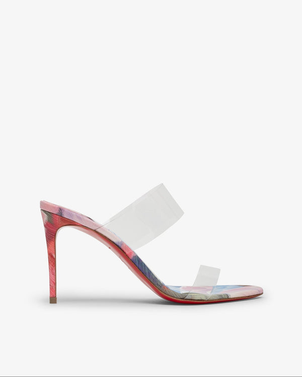 High-heeled shoe with a transparent strap on a white background