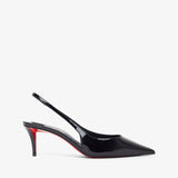 Black high-heeled shoe with red sole on a white background