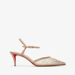 Beige high-heeled shoes with red sole on a white background