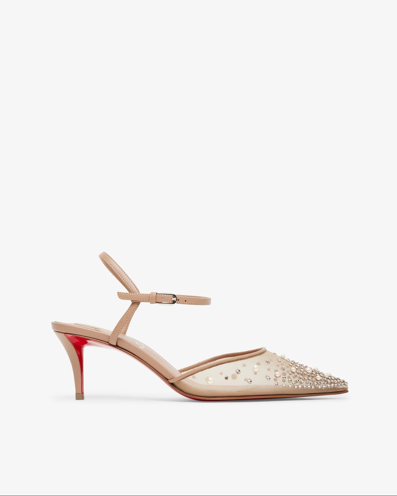 Beige high-heeled shoes with red sole on a white background