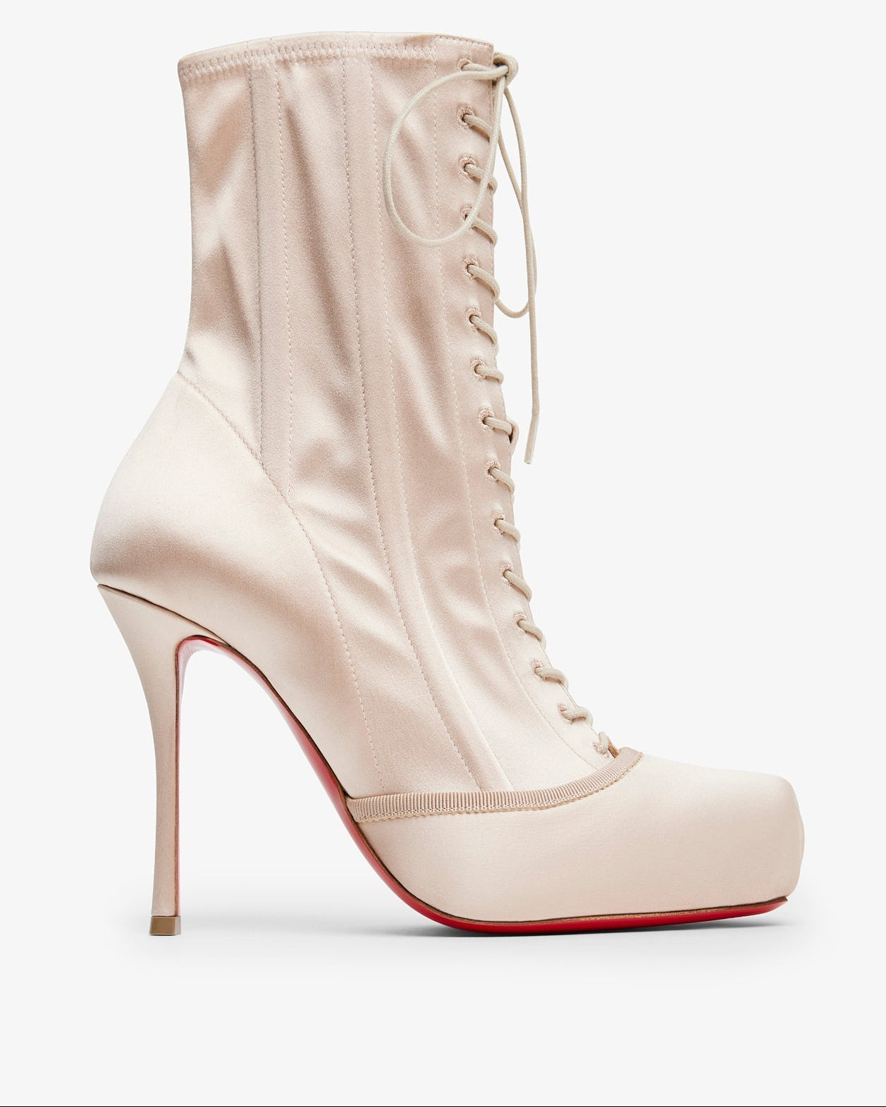 Beige high-heeled boot with lace-up design on a white background