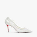 White high-heeled shoe with red sole on a white background