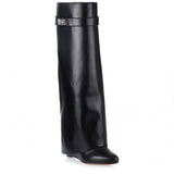 Black fold-over shark lock knee boot
