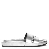 Metallic silver leather pool slides